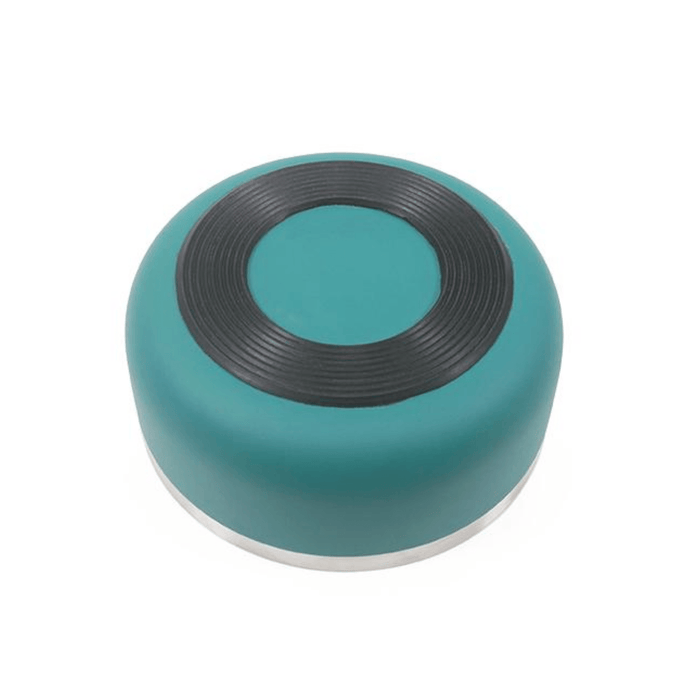 White background with a base view of a deep 350ml teal coated stainless steel Rosewood Premium pet bowl, showing the black anti-slip base.