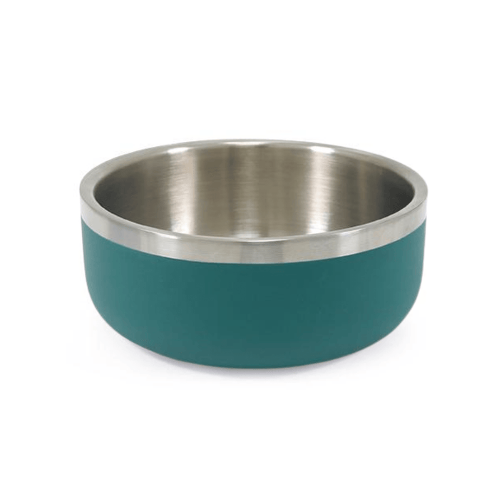 White background with a deep 700ml teal coated stainless steel Rosewood Premium pet bowl.