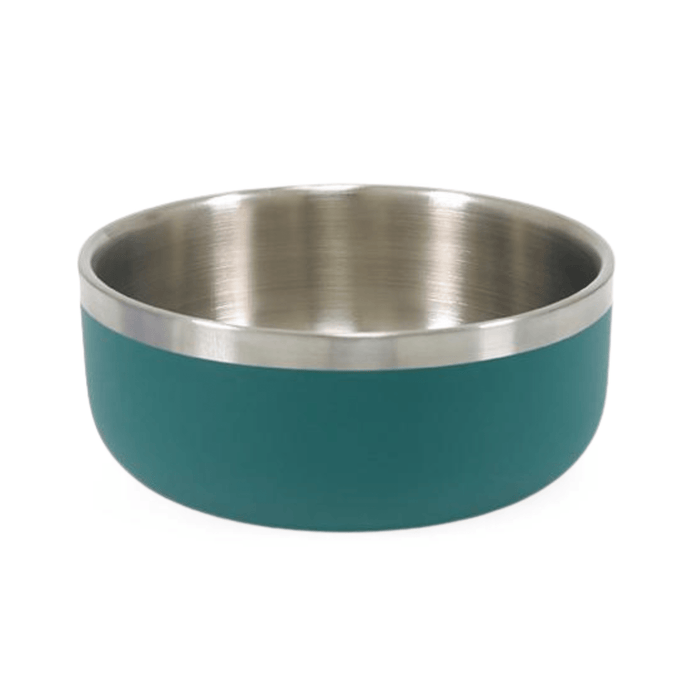 White background with a deep 1200ml teal coated stainless steel Rosewood Premium pet bowl.