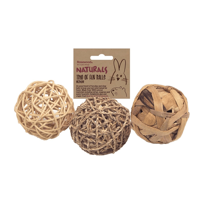 White background with Rosewood Trio of Fun balls for small pet, made from natural seagrass, one from water hyacinth and one from rattan