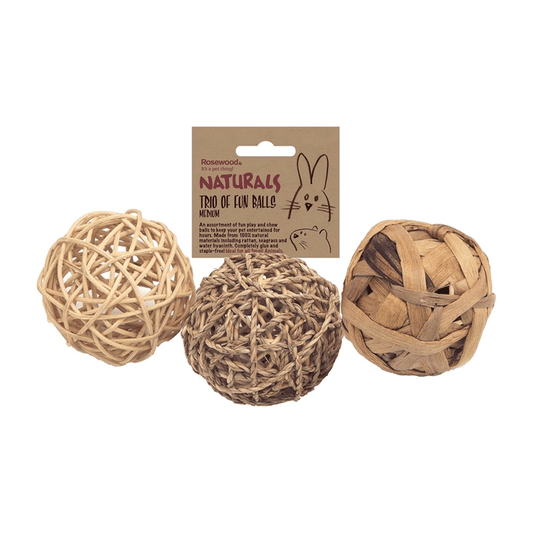 White background with Rosewood Trio of Fun balls for small pet, made from natural seagrass, one from water hyacinth and one from rattan