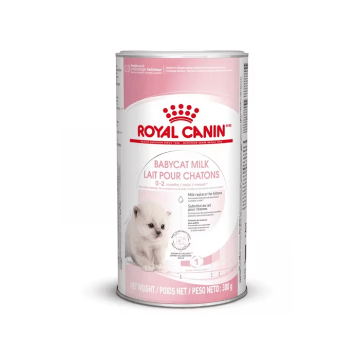 White background with a picture of a pink and white tub of Royal Canin BabyCat Milk. Pictured on the tub is a small white kitten.
