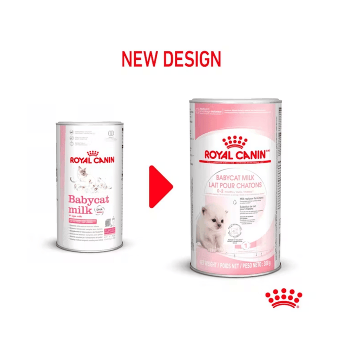 White background with a picture of the old style of Royal Canin Babycat Milk tub, with new design also shown.