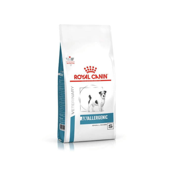 White background with a white bag of Royal Canin Anallergenic for Small dogs. Pictured on the bag is a Jack Russell type dog.