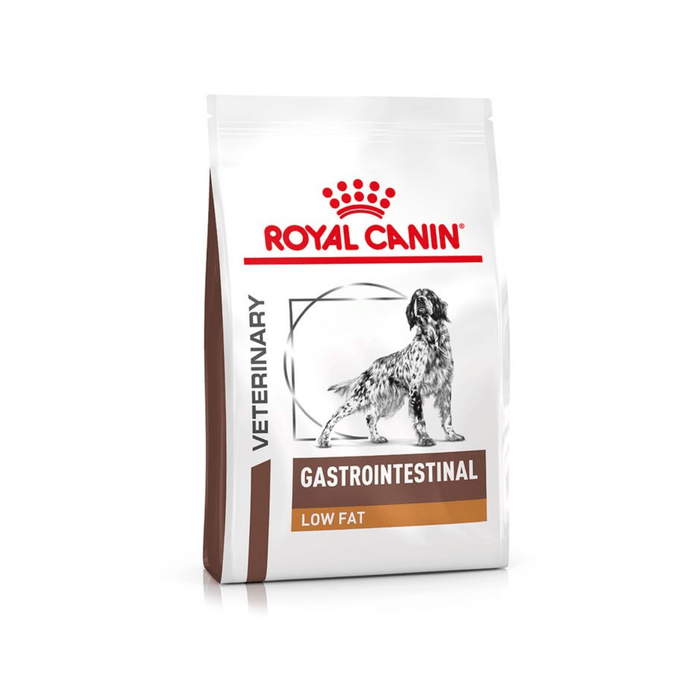 White background with a white bag of Royal Canin Gastrointestinal Low Fat Pictured on the bag is a English Setter dog.