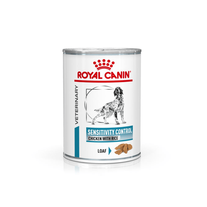 White background with a tin of Royal Canin Sensitivity Control for dogs. A English Setter dog is pictured on the tin with text below reading 'Sensitivity Control, Chicken with Rice, Loaf'.