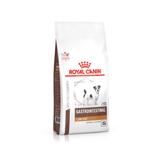White background with a white bag of Royal Canin Gastrointestinal Low Fat Pictured on the bag is a Jack Russell dog.