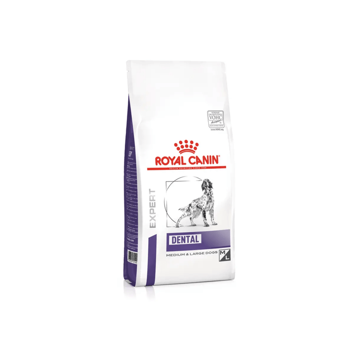 White background with a white bag of Royal Canin Dental for Medium/LArge dogs. Pictured on the bag is a English Setter dog.