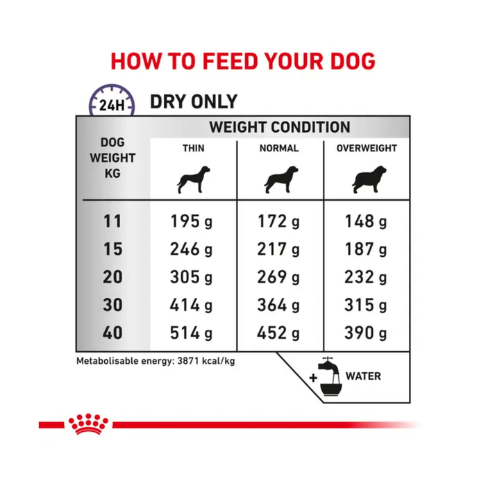 Royal Canin Dental for Medium & Large Dog feeding guide.