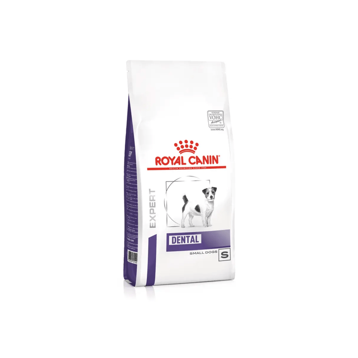 White background with a white bag of Royal Canin Dental for Small dogs. Pictured on the bag is a Jack Russell type dog.
