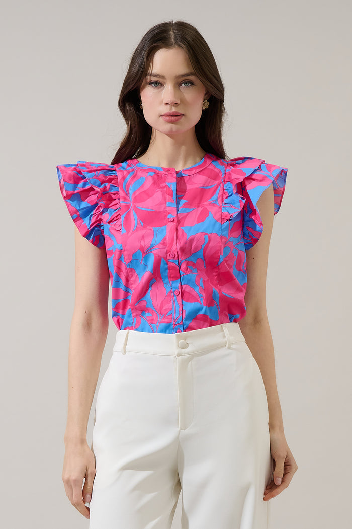 Sammi Button Down Ruffle Top Meira Floral