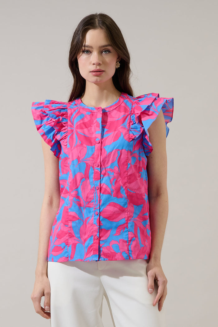 Sammi Button Down Ruffle Top Meira Floral