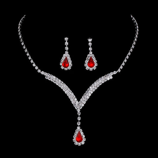SET613 - Diamond V Drop Pendant Necklace Set