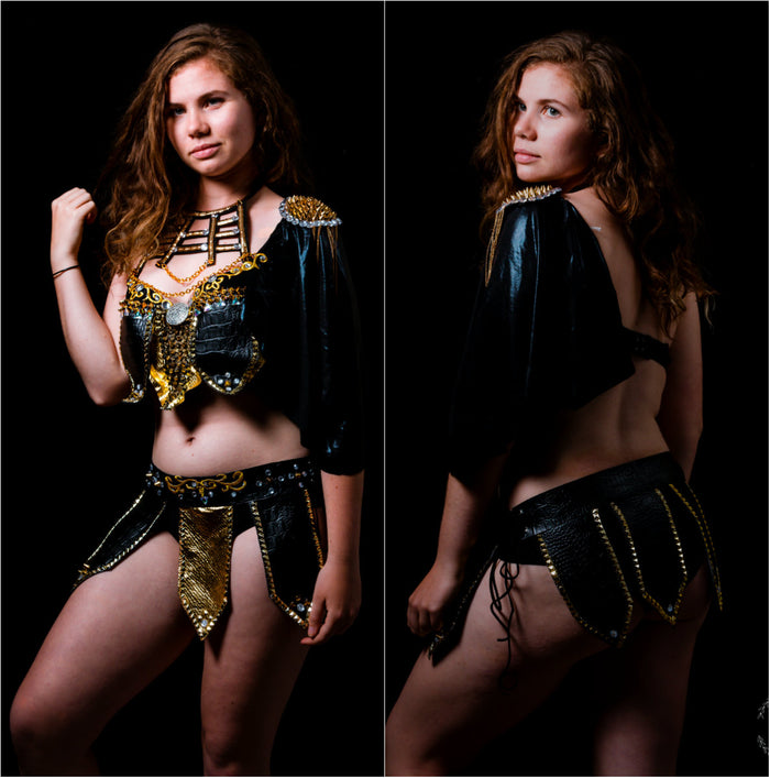 Sexy Leather Black and Gold Warrior Gladiator Viking Costume