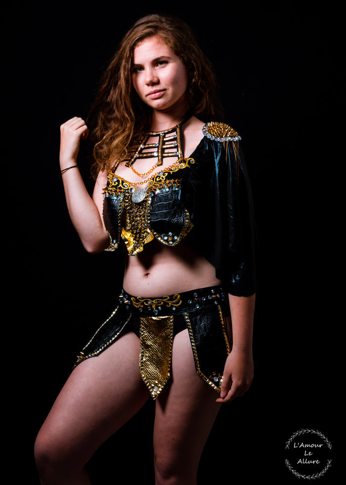 Sexy Leather Black and Gold Warrior Gladiator Viking Costume