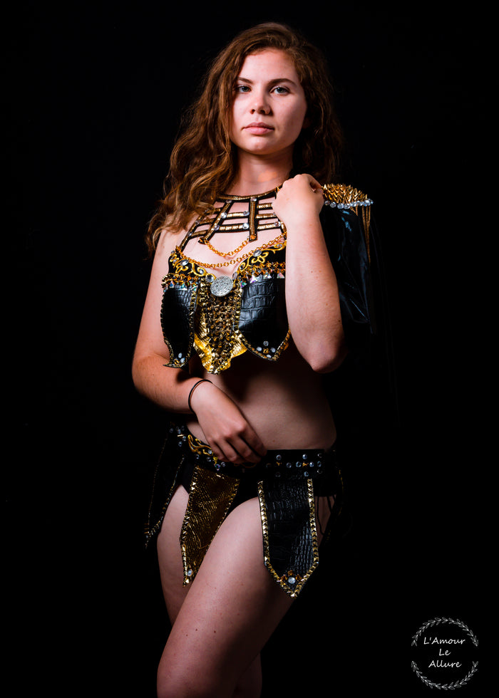 Sexy Leather Black and Gold Warrior Gladiator Viking Costume
