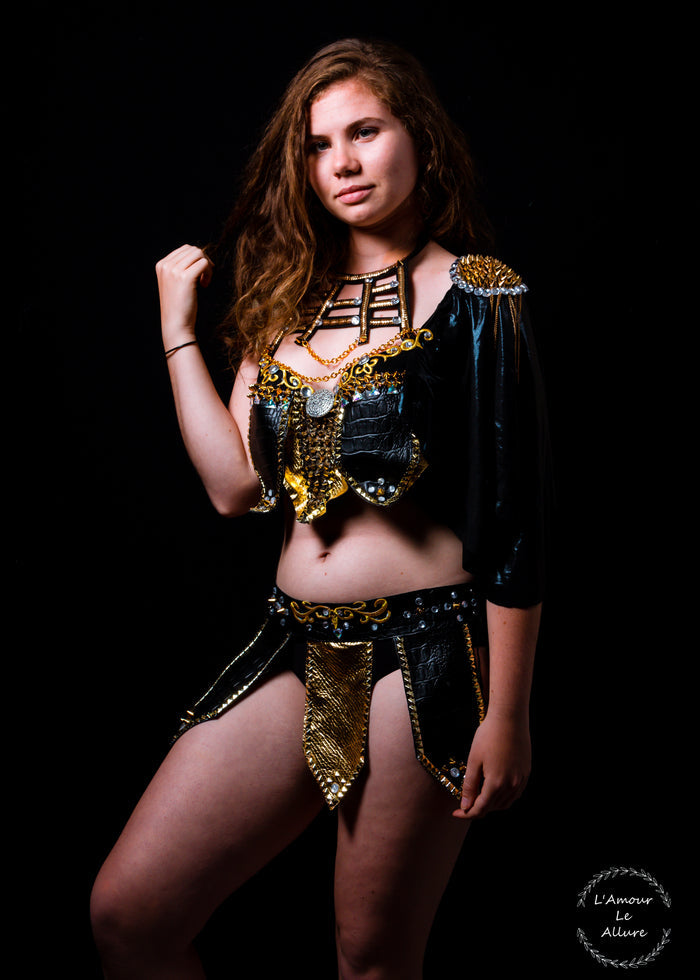 Sexy Leather Black and Gold Warrior Gladiator Viking Costume