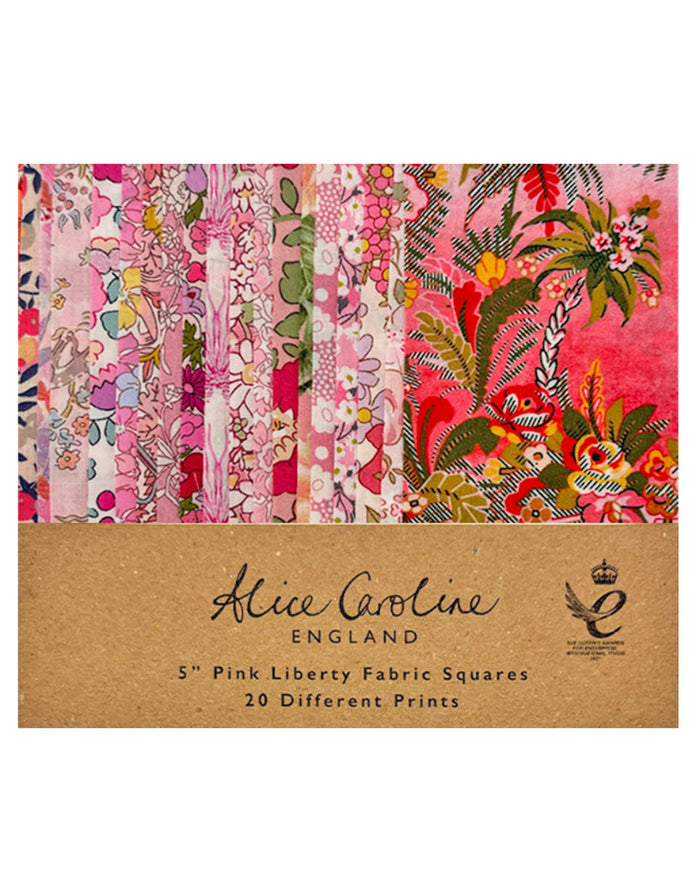 Pack of Alice Caroline England pink Liberty fabric squares with various patterns.
