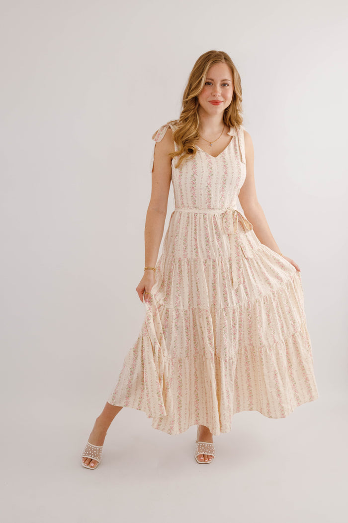 Pink Striped Floral Maxi Dress- Women's Elegant Floral Maxi Dress- Heyson Pink Floral Dress