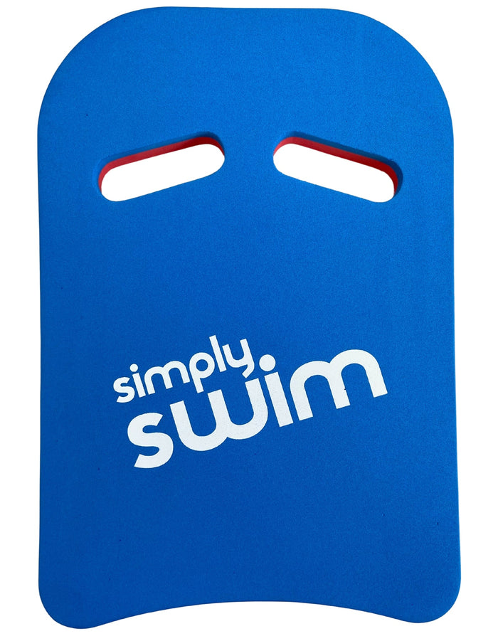 Blue Simply Swim adult kickboard with red handles and logo