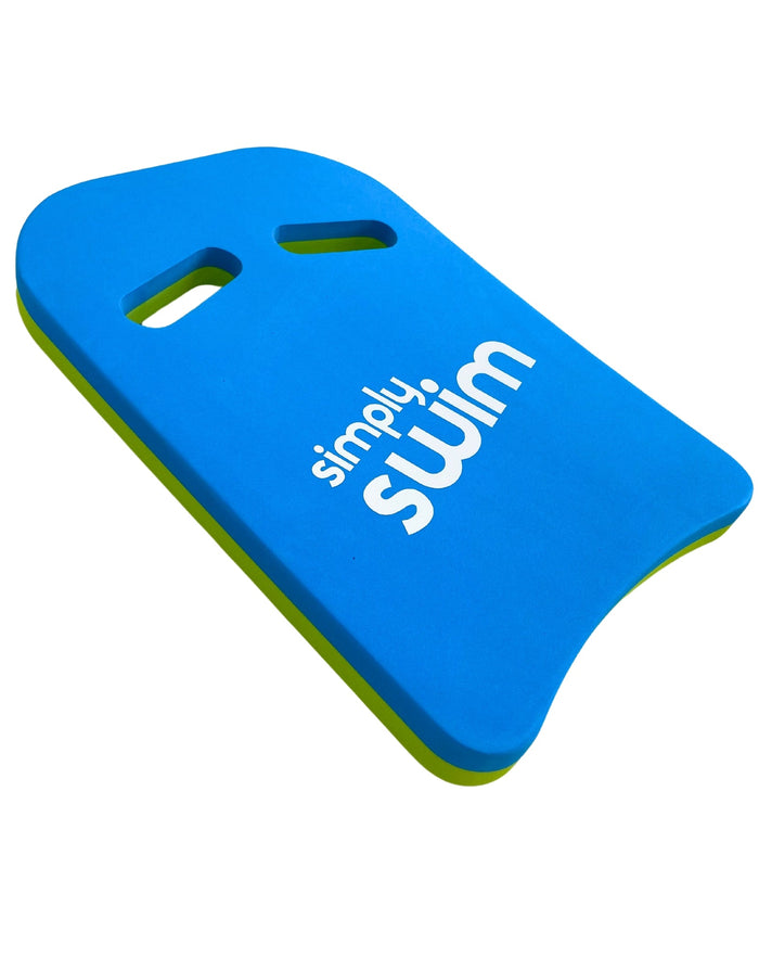 Blue and green Simply Swim adult kickboard with foam aid text