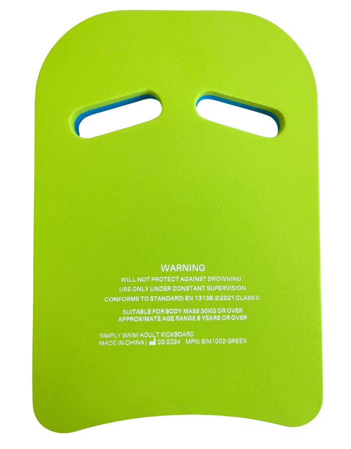 Lime green Simply Swim adult kickboard with handles and warning label