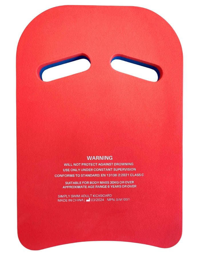 Red Simply Swim adult kickboard with handles and warning label
