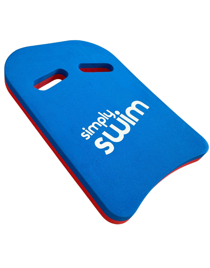 Blue and red Simply Swim adult kickboard with handle holes