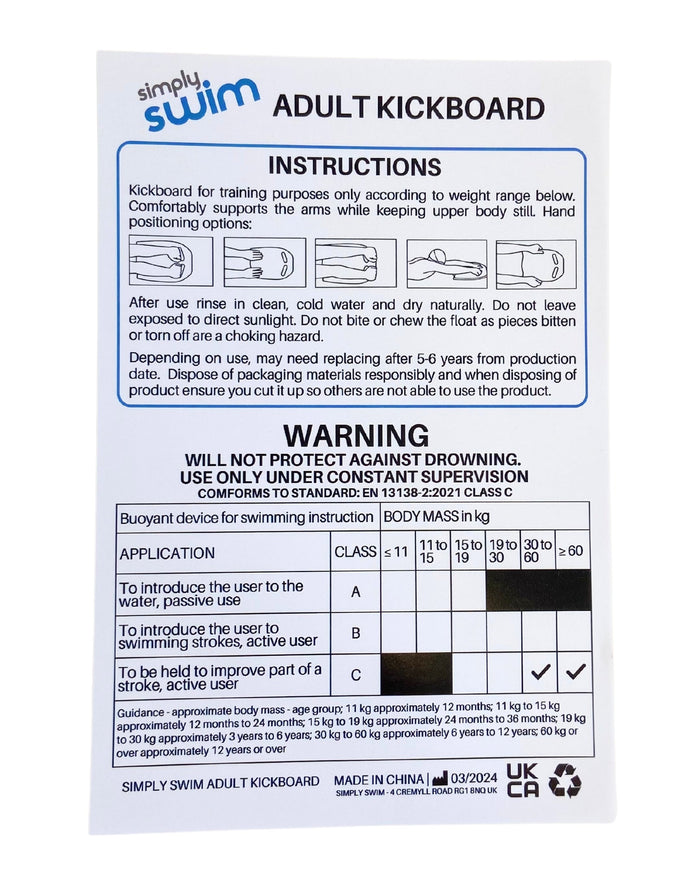 Simply Swim adult kickboard in blue and white with instructions