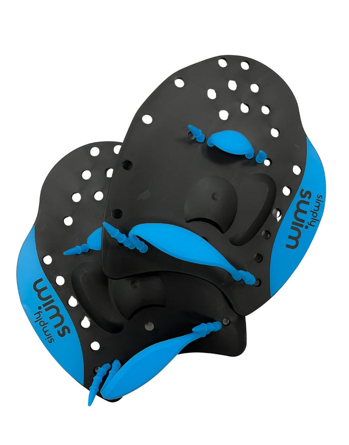 Simply Swim black blue hand paddles for optimum water contact and upper body strength