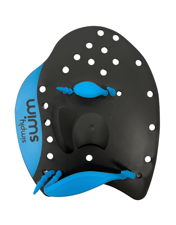 Simply Swim black/blue hand paddles with perforated design for optimum water contact and upper body strength