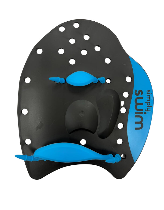 Simply Swim black and blue hand paddles with textured silicone grip for optimum water contact and upper body strength