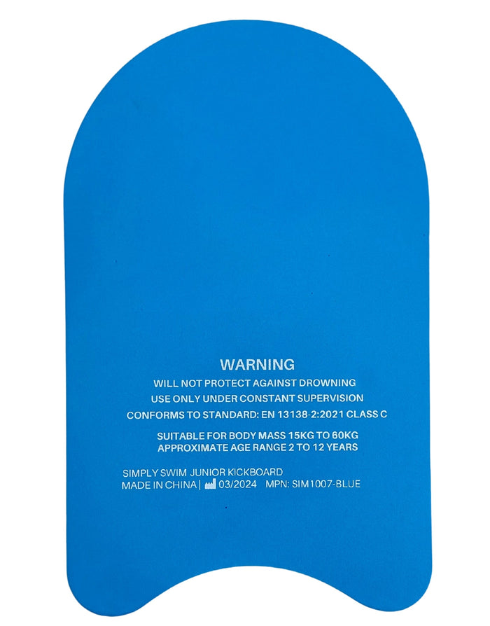 Simply Swim junior kickboard with safety label and closed cell EVA
