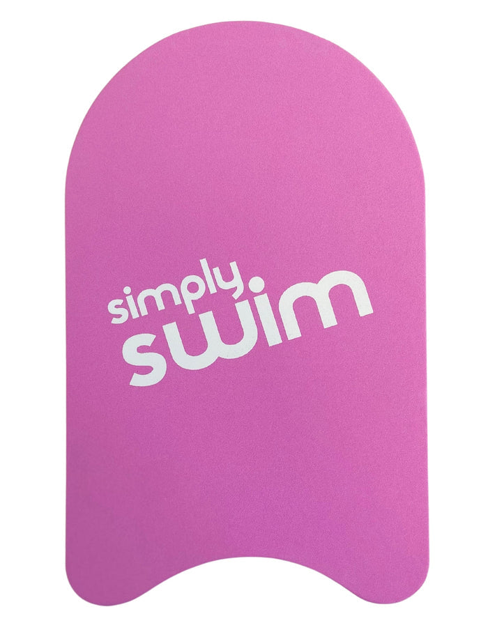 Pink Simply Swim junior kickboard with white text and smooth closed cell EVA surface