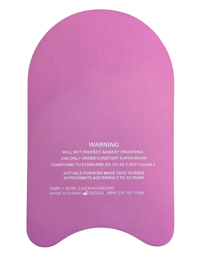 Pink Simply Swim junior kickboard with closed cell EVA, EN 13738-2:2021 sticker
