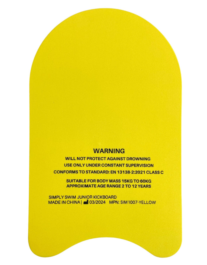 Simply Swim junior kickboard in yellow closed cell EVA foam with label