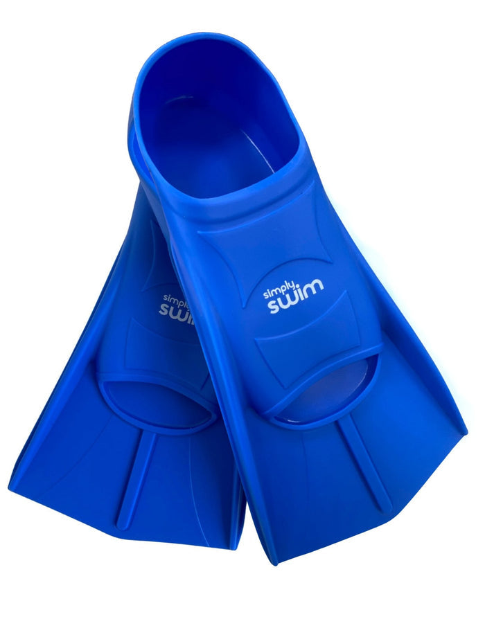 Blue Simply Swim training fins with logo on side