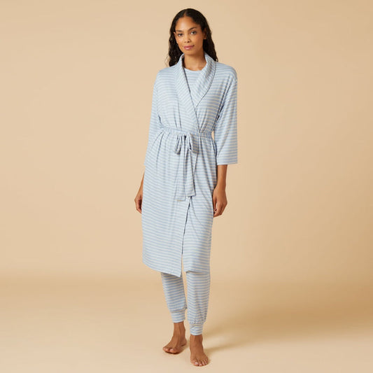 Softies - Sky Blue Striped Robe – Lightweight Tie Waist Lounge wrap