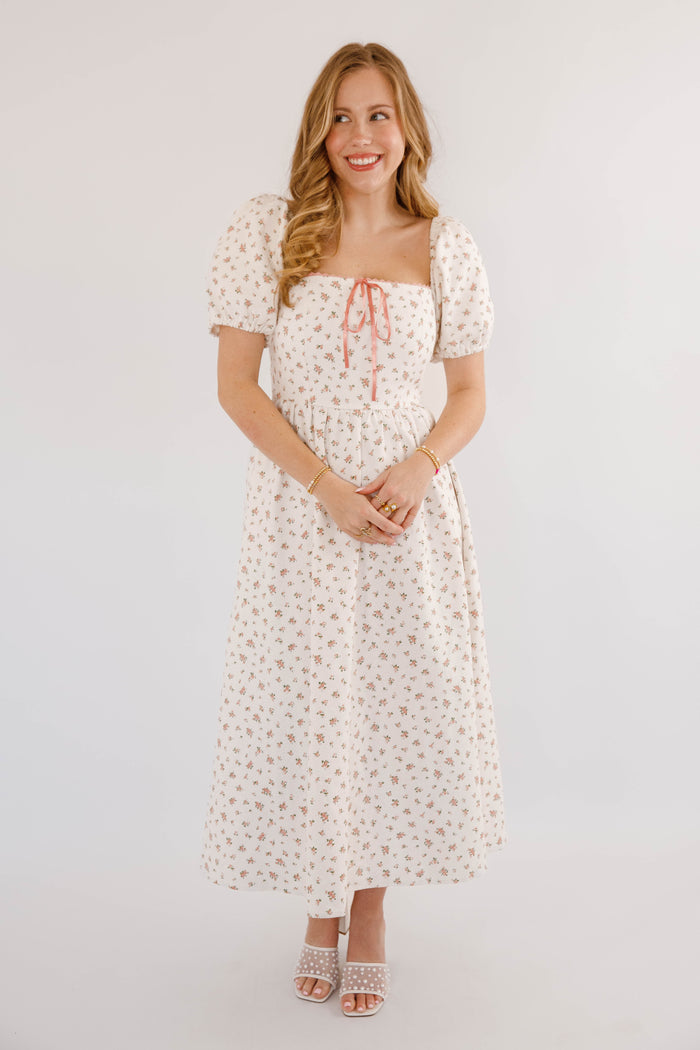 90s Inspired Floral Denim Midi Dress- Women's White Denim Floral Dress- Creamon White Floral Dress