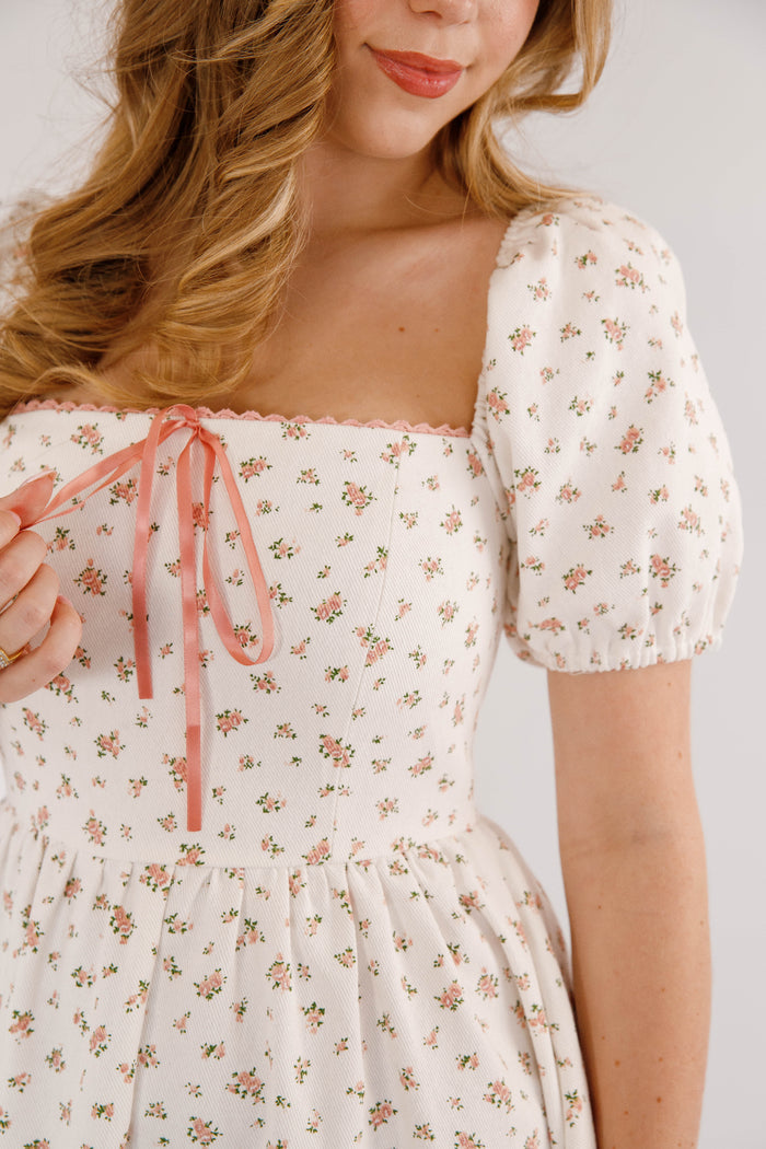 90s Inspired Floral Denim Midi Dress- Women's White Denim Floral Dress- Creamon White Floral Dress