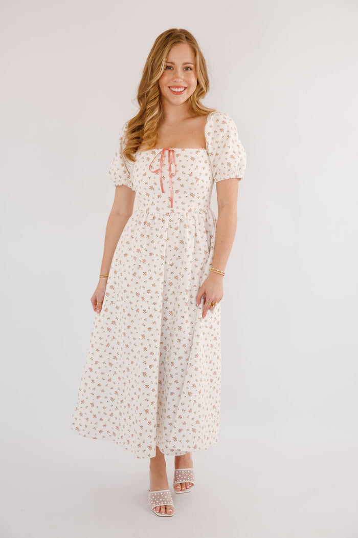 90s Inspired Floral Denim Midi Dress- Women's White Denim Floral Dress- Creamon White Floral Dress