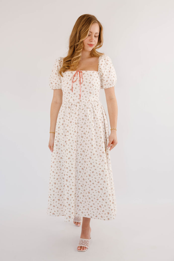 90s Inspired Floral Denim Midi Dress- Women's White Denim Floral Dress- Creamon White Floral Dress
