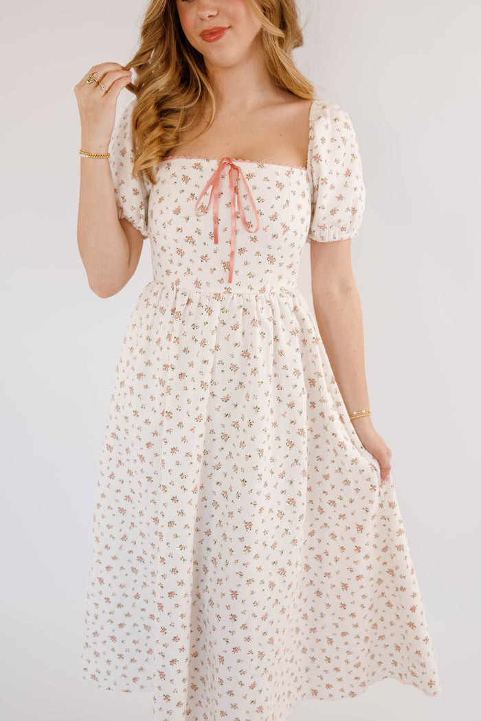90s Inspired Floral Denim Midi Dress- Women's White Denim Floral Dress- Creamon White Floral Dress