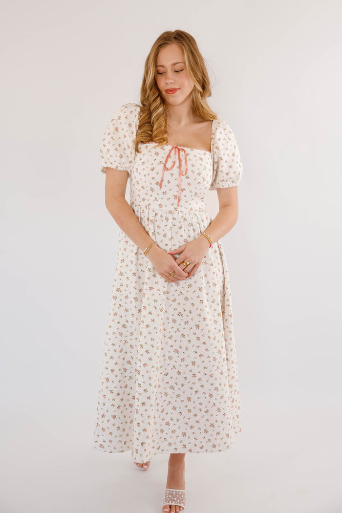 90s Inspired Floral Denim Midi Dress- Women's White Denim Floral Dress- Creamon White Floral Dress