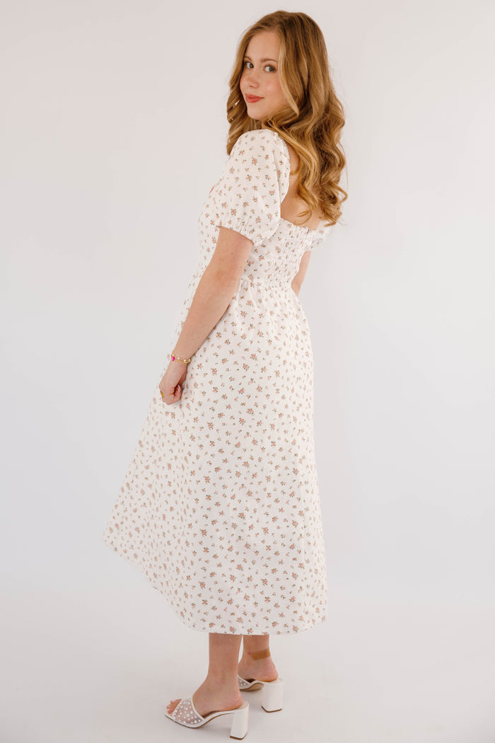 90s Inspired Floral Denim Midi Dress- Women's White Denim Floral Dress- Creamon White Floral Dress