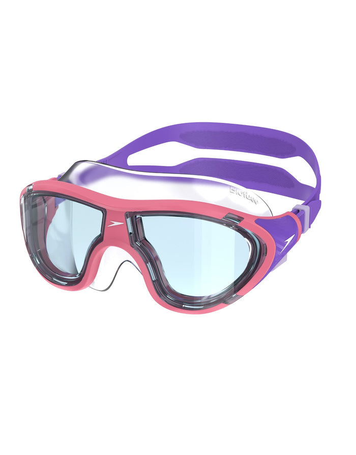 Stylish pink and purple Speedo Biofuse 2.0 junior swim masks with clear lenses