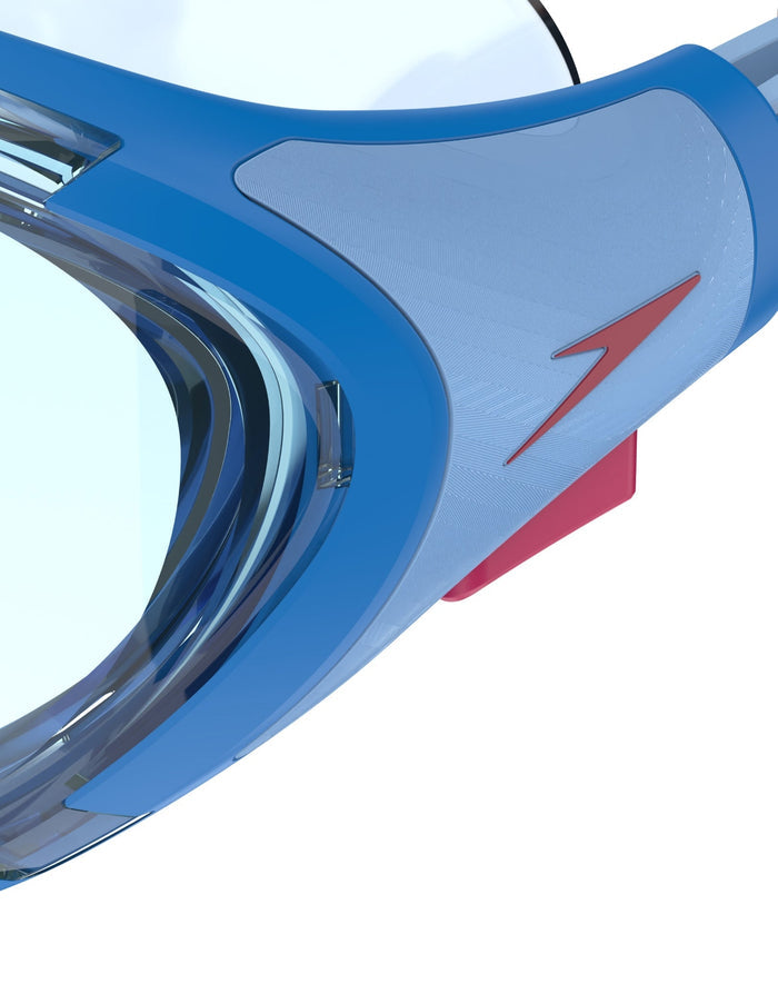Speedo Biofuse 2.0 junior swim masks with blue frame, red white accents, clear lenses
