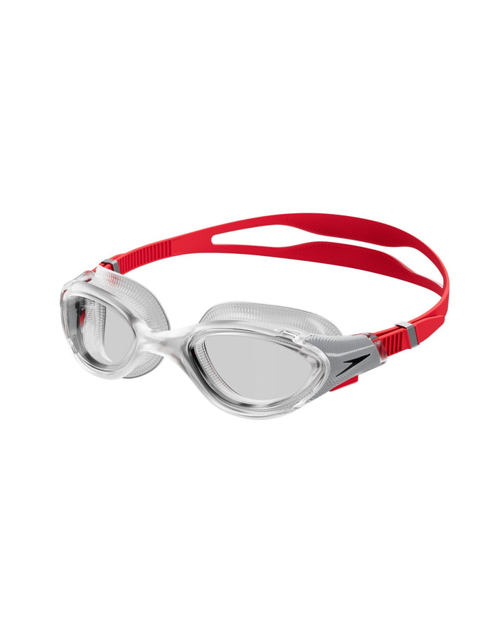 Speedo Biofuse 2.0 swim goggle in silver and red with clear lenses