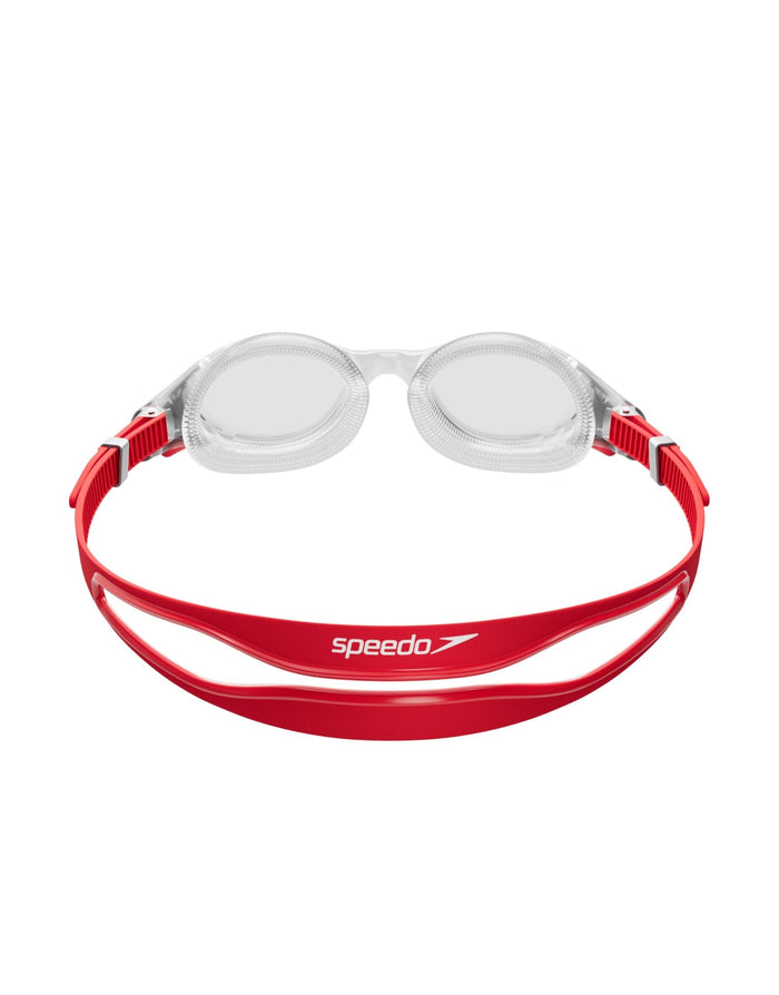 Red and silver Speedo Biofuse swim goggle with clear lenses and patented push button