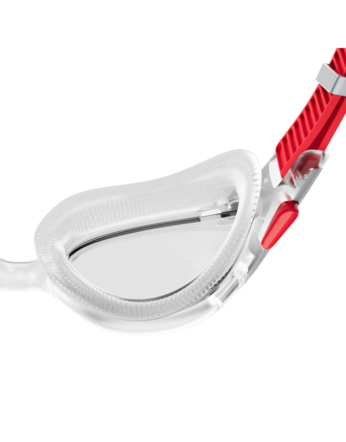 Speedo Biofuse 2.0 clear and red swim goggle with patented push button strap